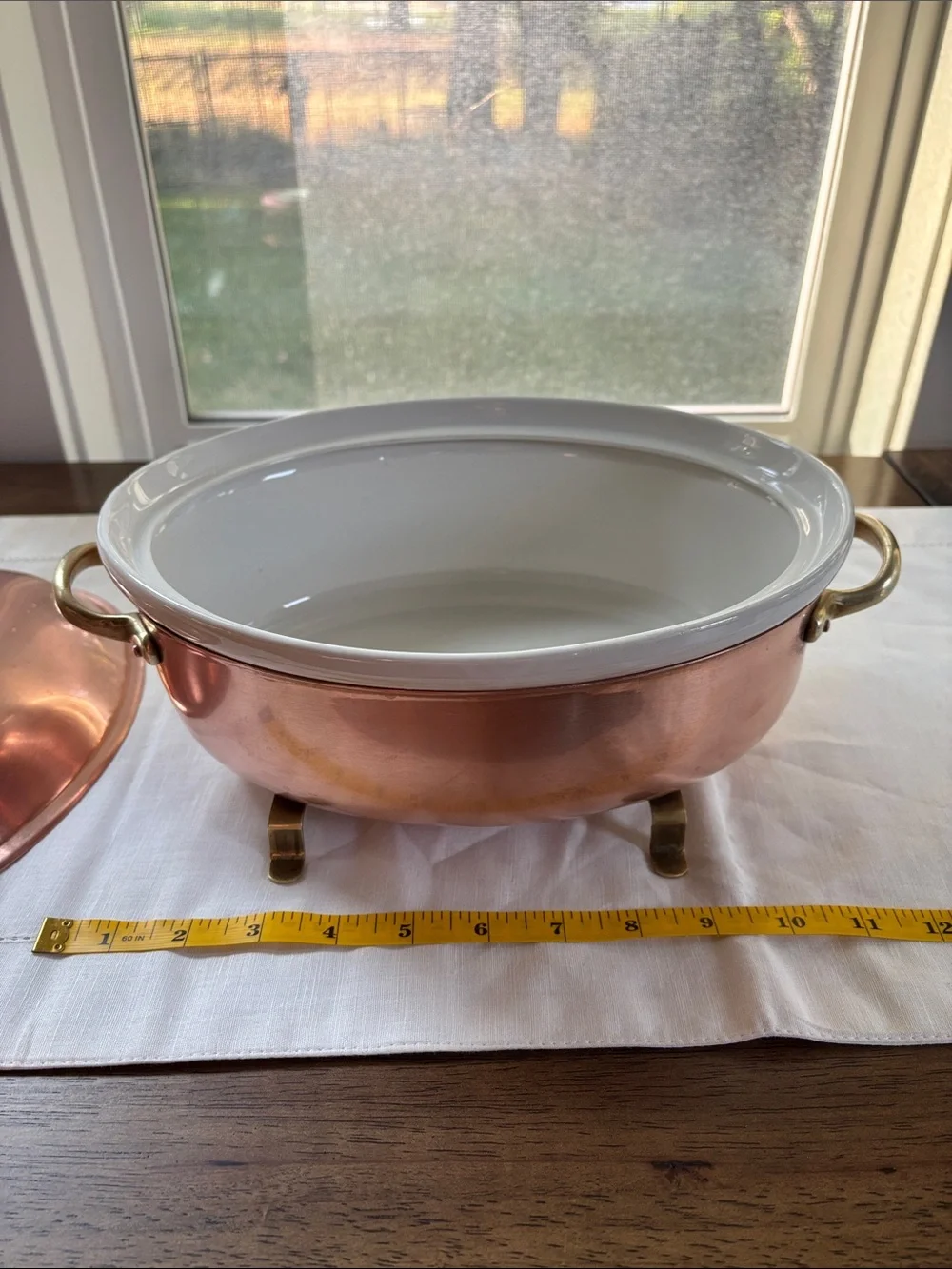 Vintage Old Dutch Copper Covered Casserole Dish. Brass Handles